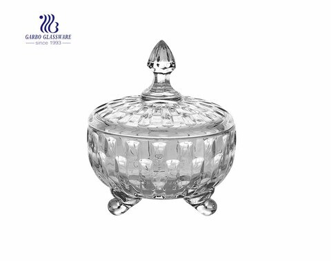 4.7 inch high quality engraved design glass candy jar with lid