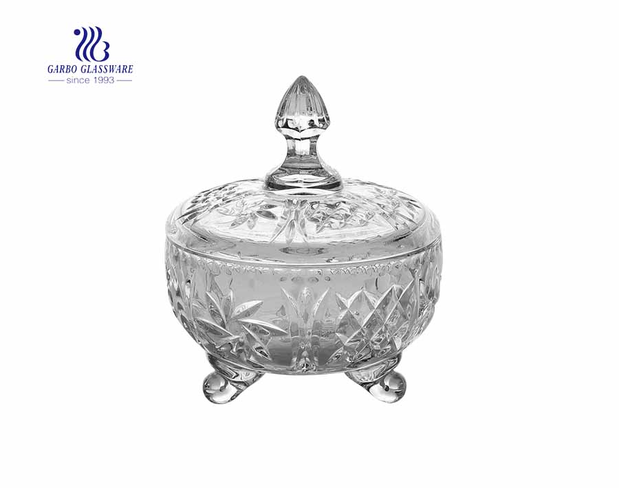 4.7 inch high quality engraved design glass candy jar with lid