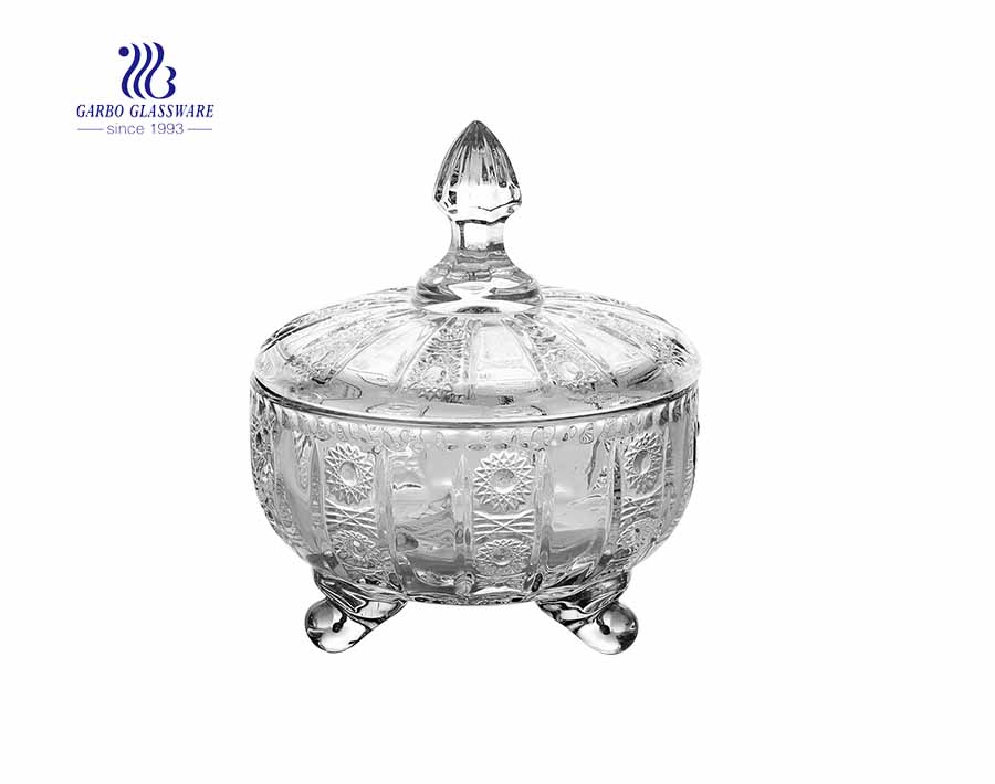 4.7 inch high quality engraved design glass candy jar with lid