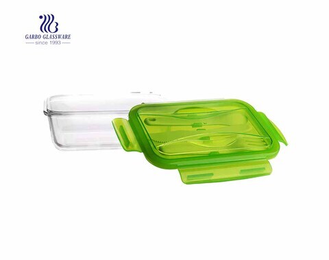 840ml Cheap unique pyrex glass lunch box with flatware