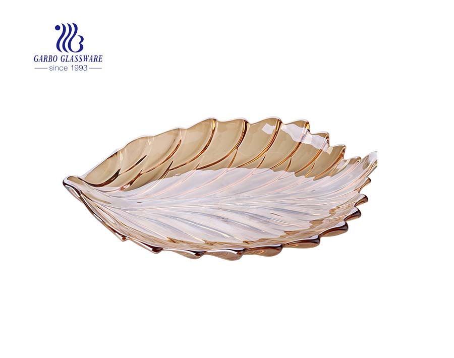 7.09'' Amber Color Painted Leave Shape Glass Fruit Bowl for Home Usage