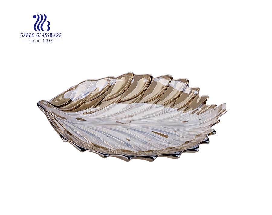 7.09'' Amber Color Painted Leave Shape Glass Fruit Bowl for Home Usage