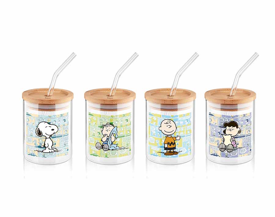 Cốc uống nước bằng thủy tinh borosilicate in hình đáng yêu với nắp tre và ống hút thủy tinh