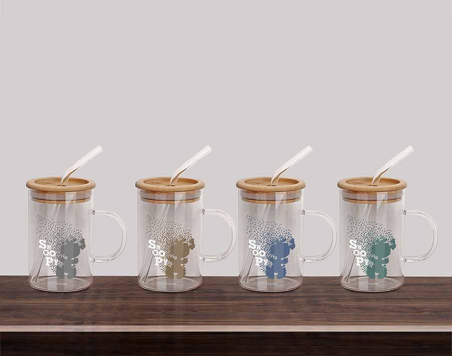 Lovely printing borosilicate glass drinking cup with bamboo lid and glass straw