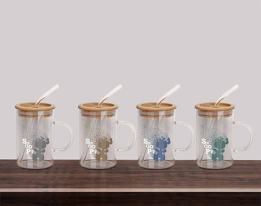 Cốc uống nước bằng thủy tinh borosilicate in hình đáng yêu với nắp tre và ống hút thủy tinh