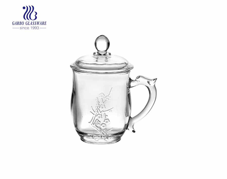 special engraved glass tea mug with glass cover 