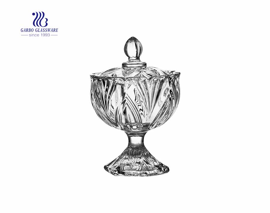 3.8inch diamond design engraved glass candy pot with standing