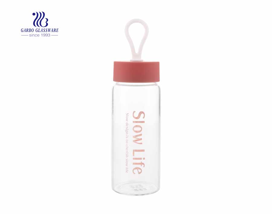 Garbo heat resistant Pyrex 400ml glass water bottle with words decor