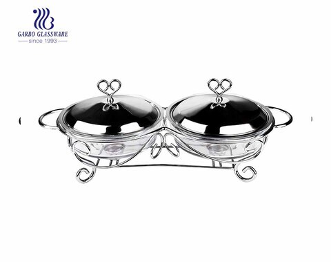 2PCS 2L Cuencos para hornear de vidrio Pyrex con tapa y soporte de acero inoxidable