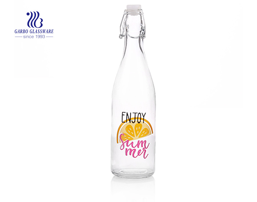 Promotion cheap OEM printing 540ml glass juice bottle with clip lid