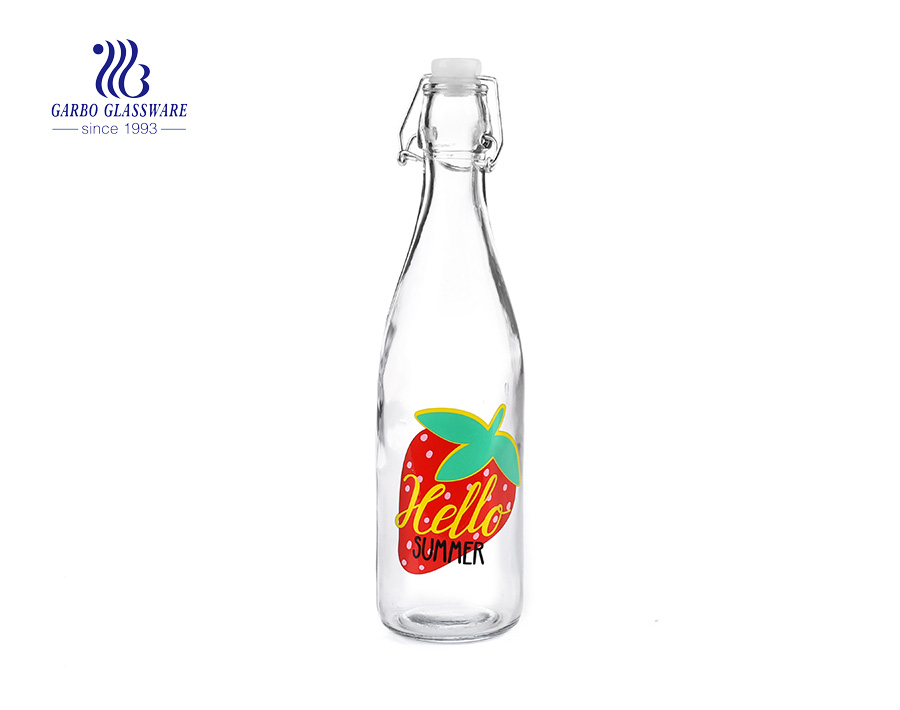 Promoción barato OEM impresión 540 ml botella de jugo de vidrio con tapa de clip