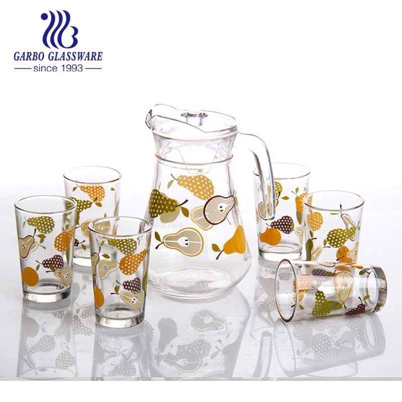 Heat transfer printing decor drinking glass pitcher set with 6 tumblers