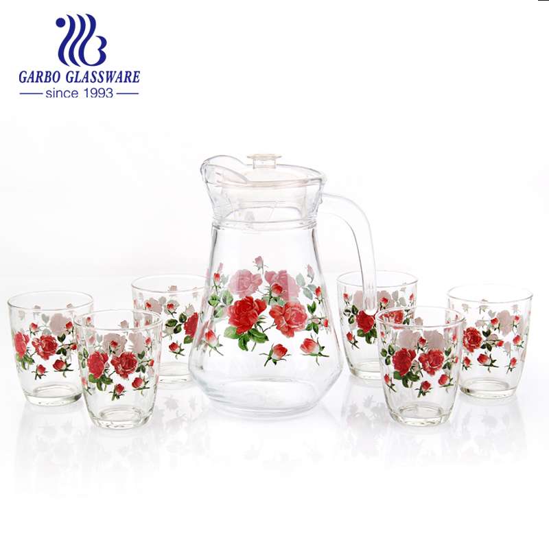 Heat transfer printing decor drinking glass pitcher set with 6 tumblers