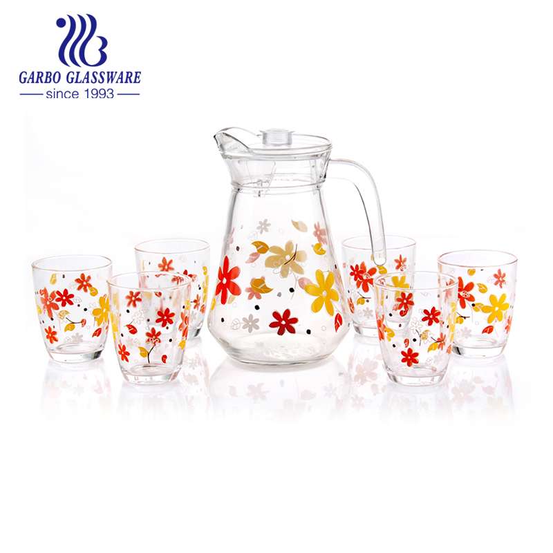 Heat transfer printing decor drinking glass pitcher set with 6 tumblers