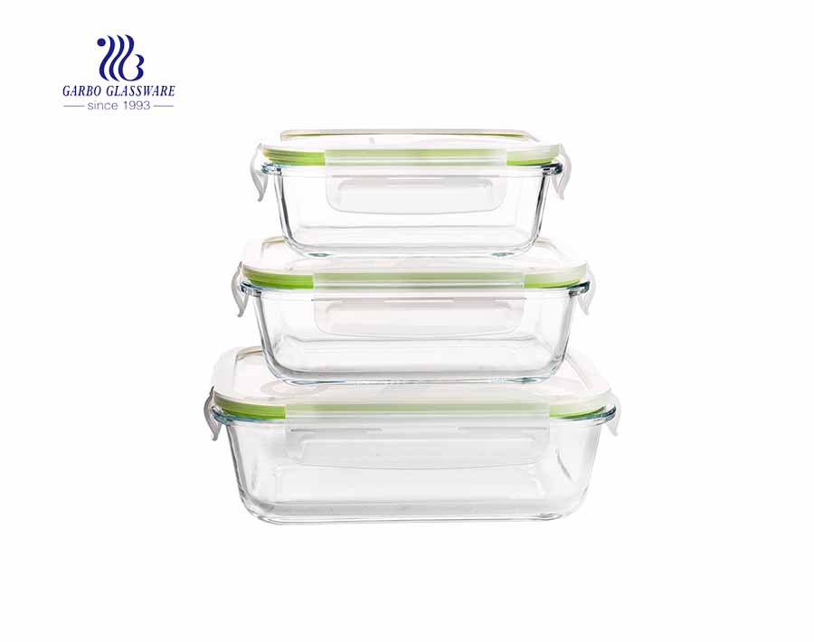 3Pcs Rectangle pyrex glass lunch box set with airtight lid