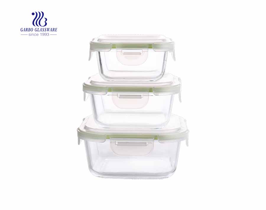 3Pcs Rectangle pyrex glass lunch box set with airtight lid