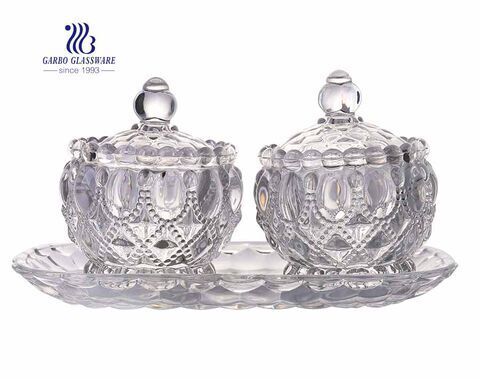 Wholesale Clear 3 Pcs Sets Sugar Bowl Glass Candy Jars with plate