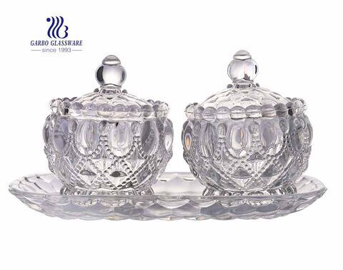 Venta al por mayor Clear 3 Pcs Sets Sugar Bowl Glass Candy Jars con placa