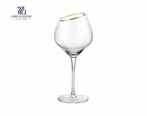 Wholesale customized 20 ounces cheap red wine glasses with gold rim on the oblique mounth 