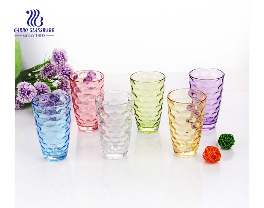 Iridescent colors glass tumbler with inside emboss design