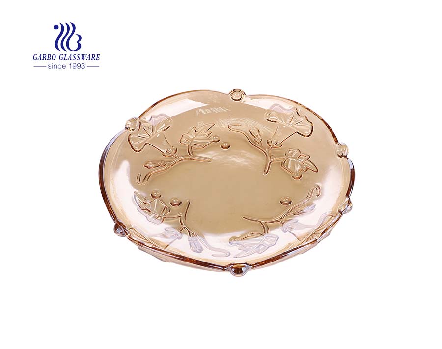 14.5'' Flower Shape Ion Plating Amber Glass Plate for Fruit Serving