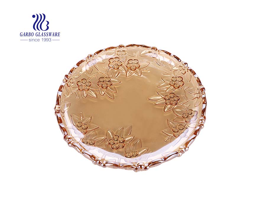 14.5'' Flower Shape Ion Plating Amber Glass Plate for Fruit Serving