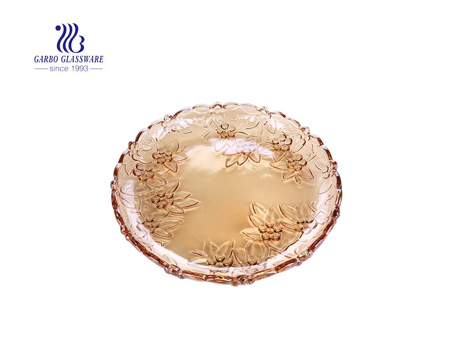 14.5'' Flower Shape Ion Plating Amber Glass Plate for Fruit Serving