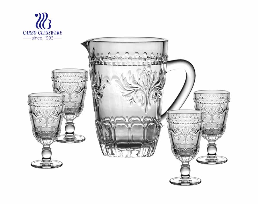 Embossed Glass Pitcher Set with 45 oz Glass Jug and 10 oz Stemware Goblet