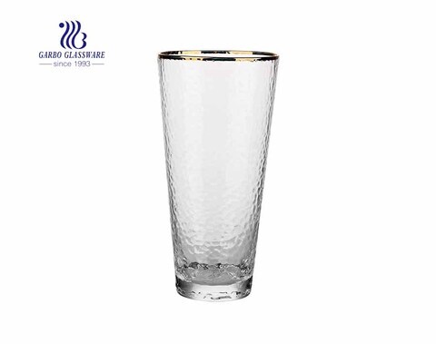 2020 hot sale hammer shape engraved glass tumbler with gold rim