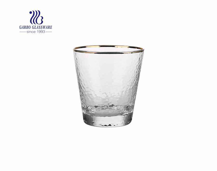 2020 hot sale hammer shape engraved glass tumbler with gold rim