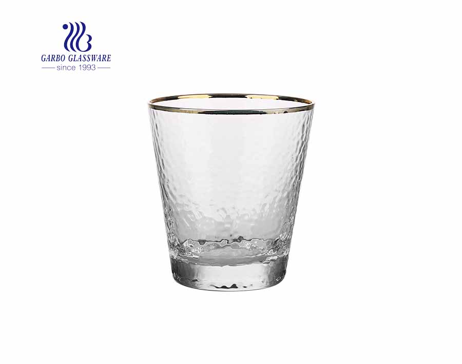 2020 hot sale hammer shape engraved glass tumbler with gold rim