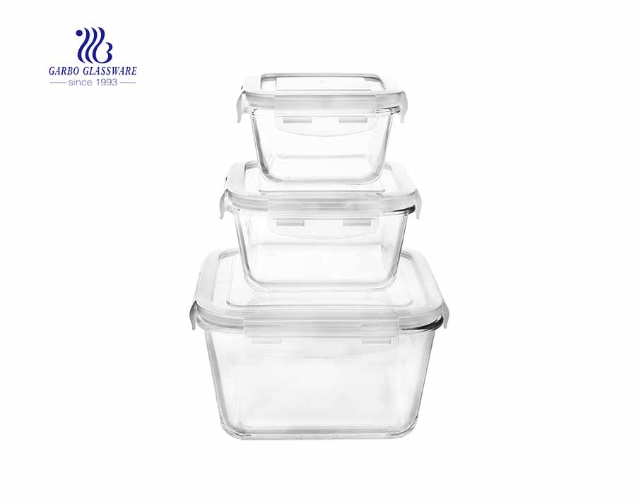 Bộ hộp cơm 3 chiếc pyrex hình chữ nhật có nắp đậy bằng thủy tinh borosilicate