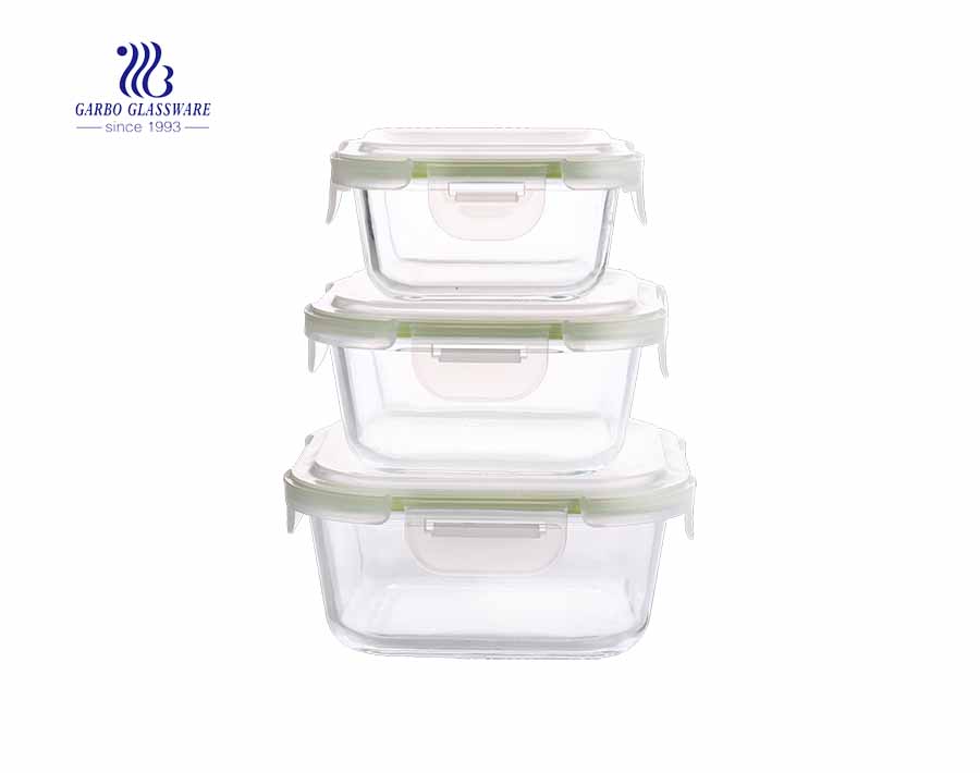 Recipiente de alimento de vidro quadrado de Pyrex 3pcs ajustado com tampa hermética