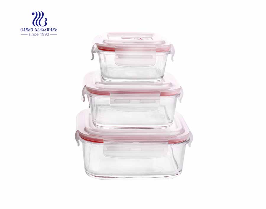 Recipiente de alimento de vidro quadrado de Pyrex 3pcs ajustado com tampa hermética