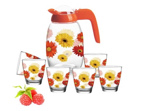 Prix ​​bon marché personnalisé Decal Print Designs Pitcher en verre Set avec 6 tasses