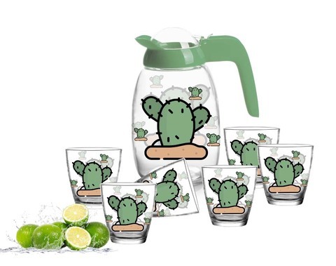 Hermoso conjunto de jarra de vidrio 7pcs con diseños personalizados que imprimen el sistema de agua potable