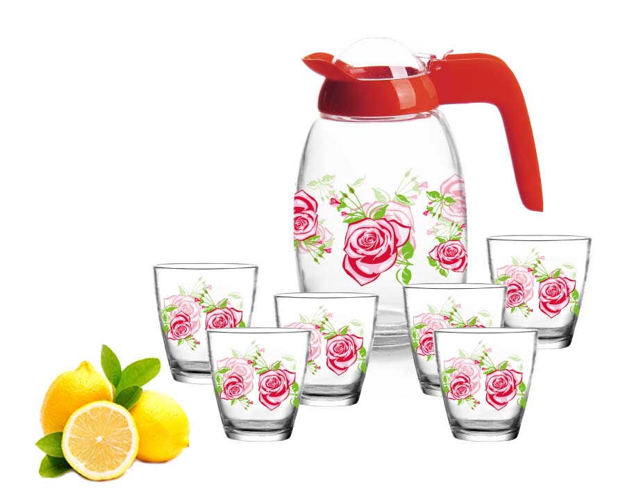 Beautiful 7pcs Glass Pitcher Set With Customized Designs Printing Water Drinking Set 
