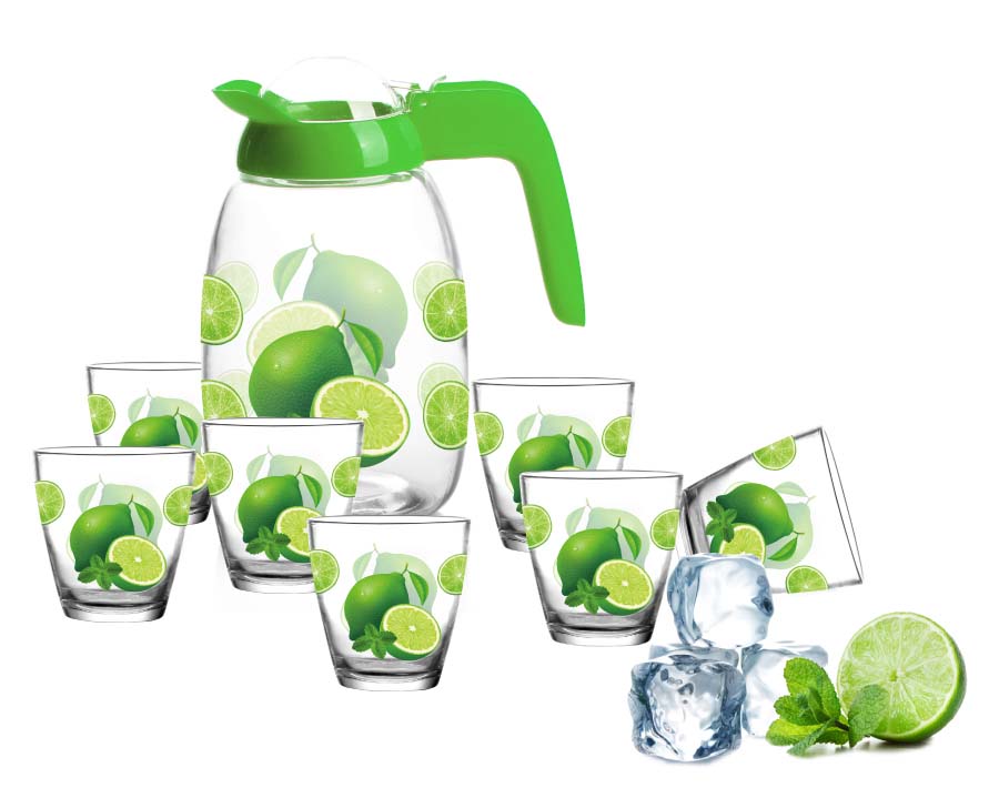 Beautiful 7pcs Glass Pitcher Set With Customized Designs Printing Water Drinking Set 