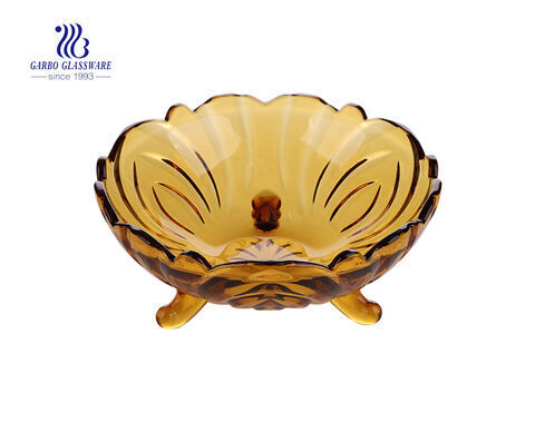 Hotsale Elegant Amber Color Glass Fruit Bowl with Three feet 