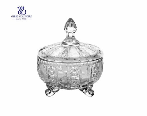 wholesale sunflower design engraved glass sugar bowl with lid for sale