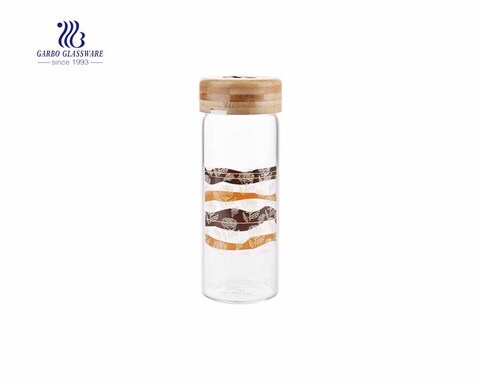 Wholesale OEM design 350ml borosilicate glass drinking bottle with bamboo lid