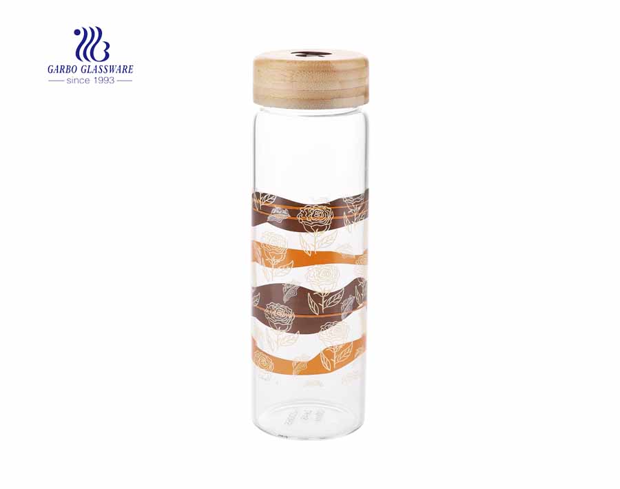 Wholesale OEM design 350ml borosilicate glass drinking bottle with bamboo lid