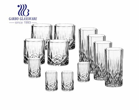 12PCS vintage whisky glass cup and embossed highball glass and shot glass drinking glasses set