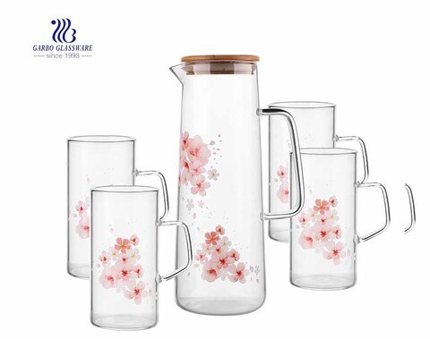 Borosilicate Glass Water Jug Set with 4 Mugs for Juice Drinking 