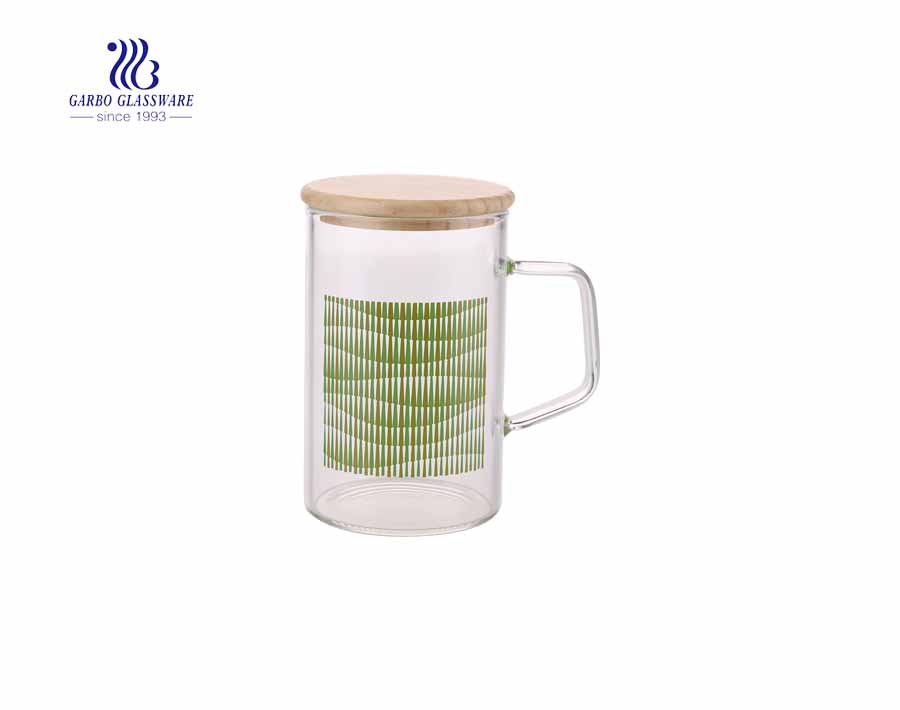 13.5oz Glass Drinking Mug with Green Decal Microwave Safe Water Cup