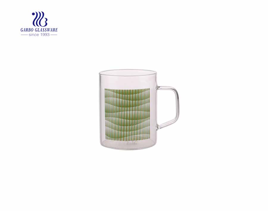 13.5oz Glass Drinking Mug with Green Decal Microwave Safe Water Cup
