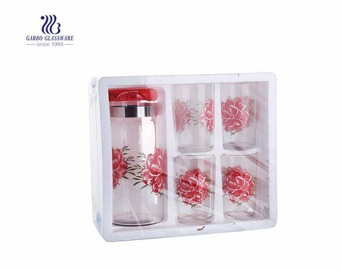 Set von 5 Stück Krug und Tasse Wassersaftglas Set mit Print Blumenmuster