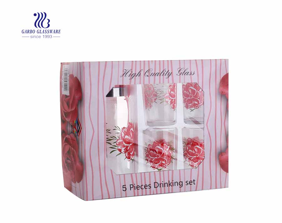 Set of 5pcs jug and cup water juice glass set with print flower design