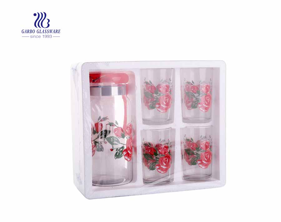 Set of 5pcs jug and cup water juice glass set with print flower design