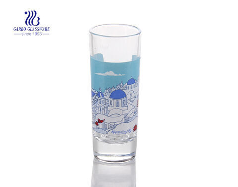 Personalized shot glasses Greece beaches decal promotional tall shot glasses
